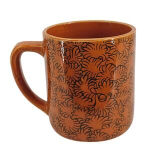 Vintage Floral Textured Ceramic Coffee Tea Mug Cup Orange & Black Hot Cold JAPAN